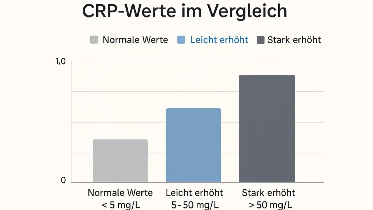Balkendiagramm zeigt CRP-Werte im Vergleich für Erwachsene: normale Werte (< 5 mg/L), leicht erhöht (5-50 mg/L) und stark erhöht (> 50 mg/L).