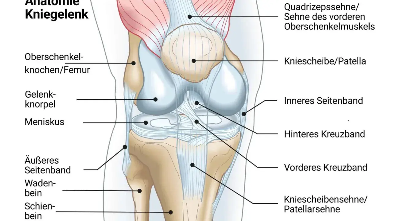 Anatomische Darstellung des Kniegelenks mit Beschriftungen. Das innere Seitenband ist hervorgehoben, was auf mögliche knieschmerzen innenseite hindeuten könnte.