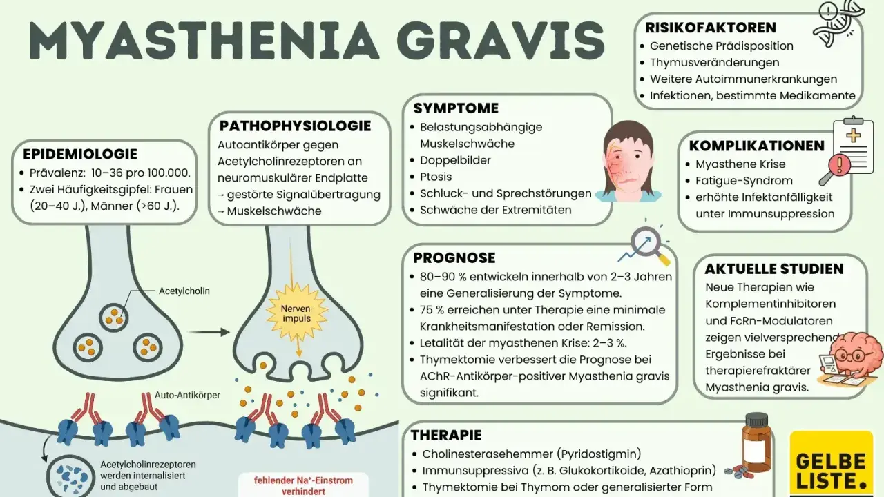 Myasthenia Gravis: Autoimmunerkrankung mit Muskelschwäche. Infektionen und bestimmte Medikamente sind Risikofaktoren. Therapieoptionen umfassen Immunsuppressiva.
