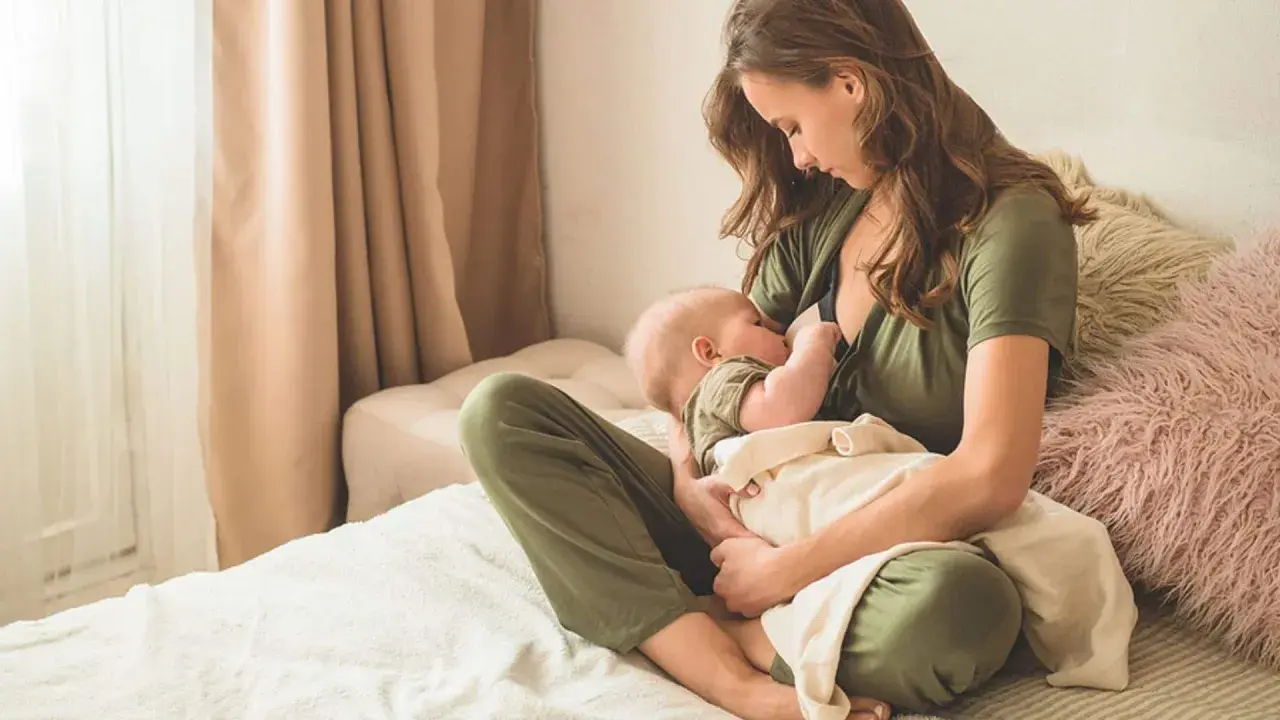 Eine Mutter stillt ihr Baby auf einem Bett. Sie ist in ein grünes Oberteil gekleidet, das Baby in einem grünen Strampler. Die Szene ist friedlich und intim, ein schöner Moment des Stillens.