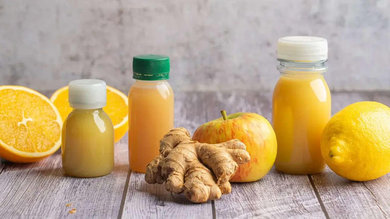 Frische Zutaten für einen belebenden Ingwer-Shot: Orangen, Zitrone, Apfel und Ingwerwurzel neben kleinen Flaschen mit gelbem Saft.