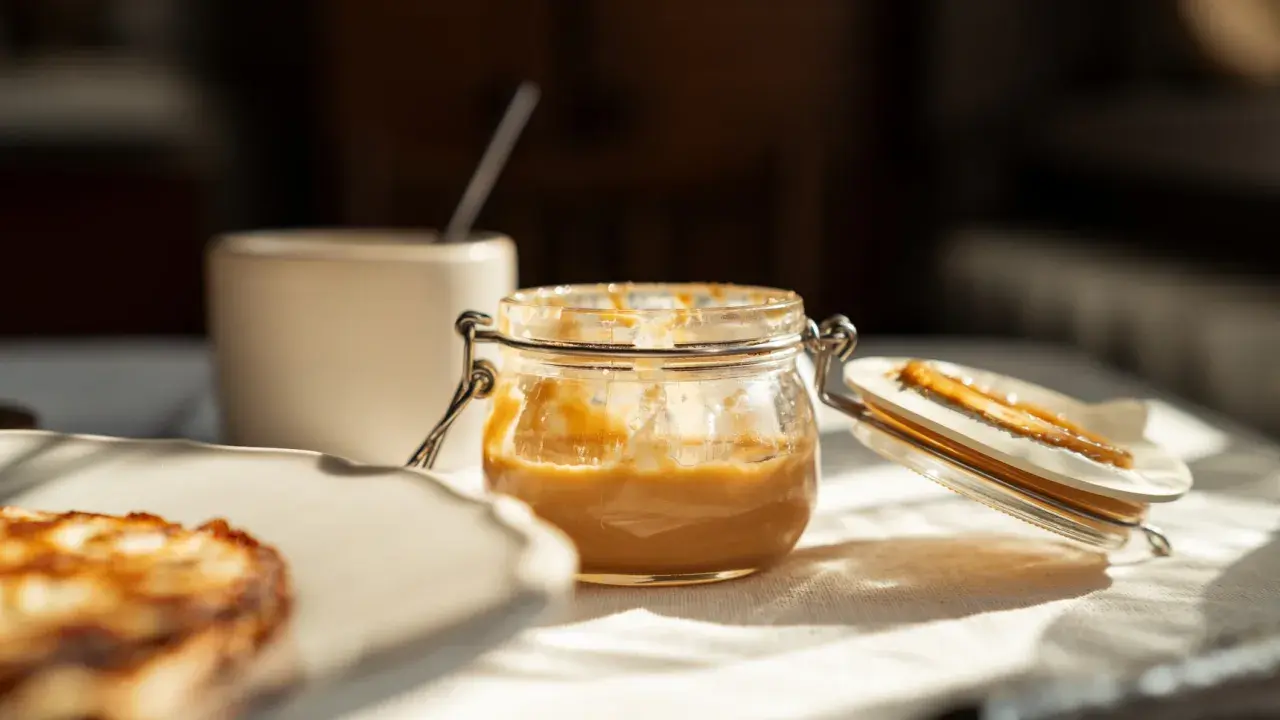 Glas mit cremiger Erdnussbutter, die gesund und lecker ist. Daneben ein Stück Toast.