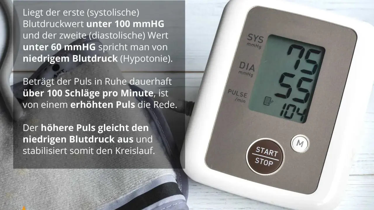 Blutdruckmessgerät zeigt 75/55 mmHg. Ein diastolischer Wert zu niedrig kann auf Hypotonie hindeuten. Der erhöhte Puls von 104 Schlägen pro Minute gleicht dies aus.