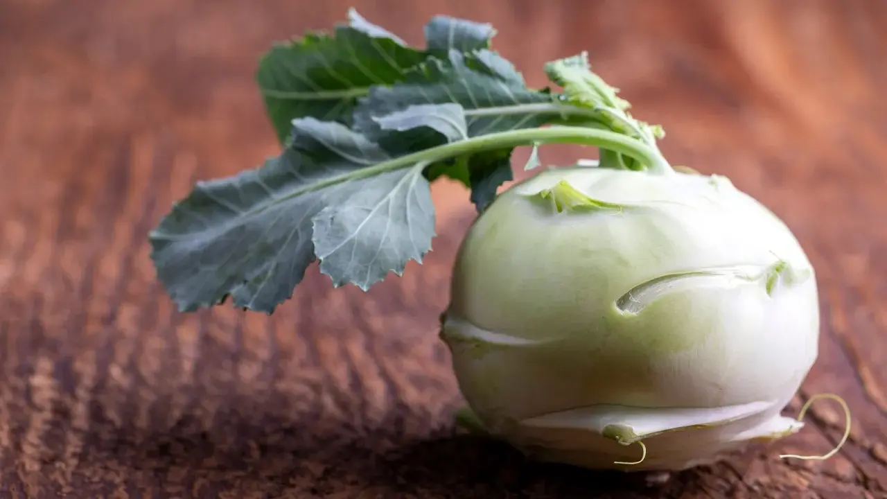 Ein frischer Kohlrabi mit grünen Blättern liegt auf einem rustikalen Holztisch. Kohlrabi gesund und vielseitig.
