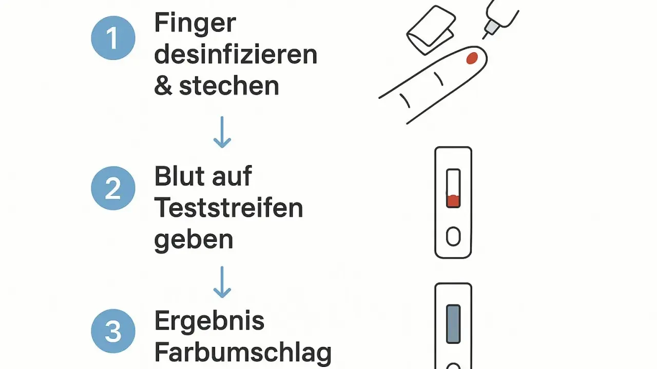 Anleitung zur Blutentnahme für einen Test, z.B. Eisenwert im Blut. Finger desinfizieren, Blut auf Teststreifen geben, Ergebnis ablesen.