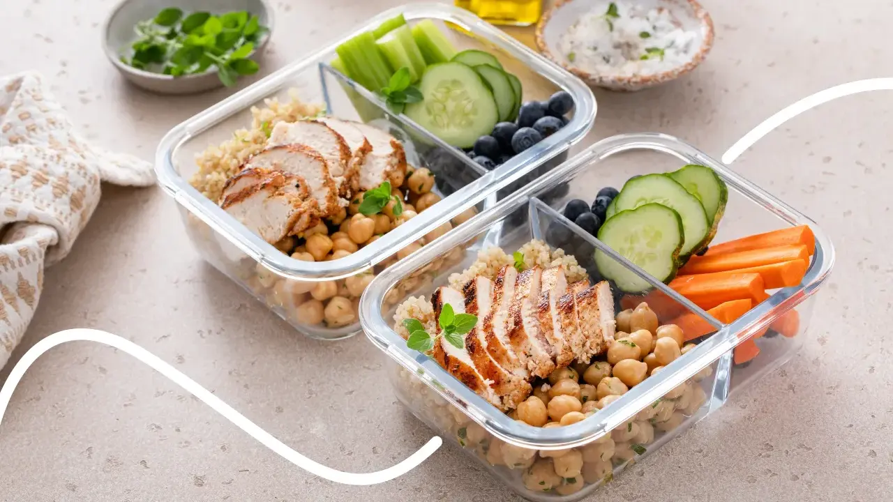 Zwei Behälter mit Hähnchenbrust, Kichererbsen, Quinoa, Gurken, Karotten und Beeren. Perfekt für Meal Prep.