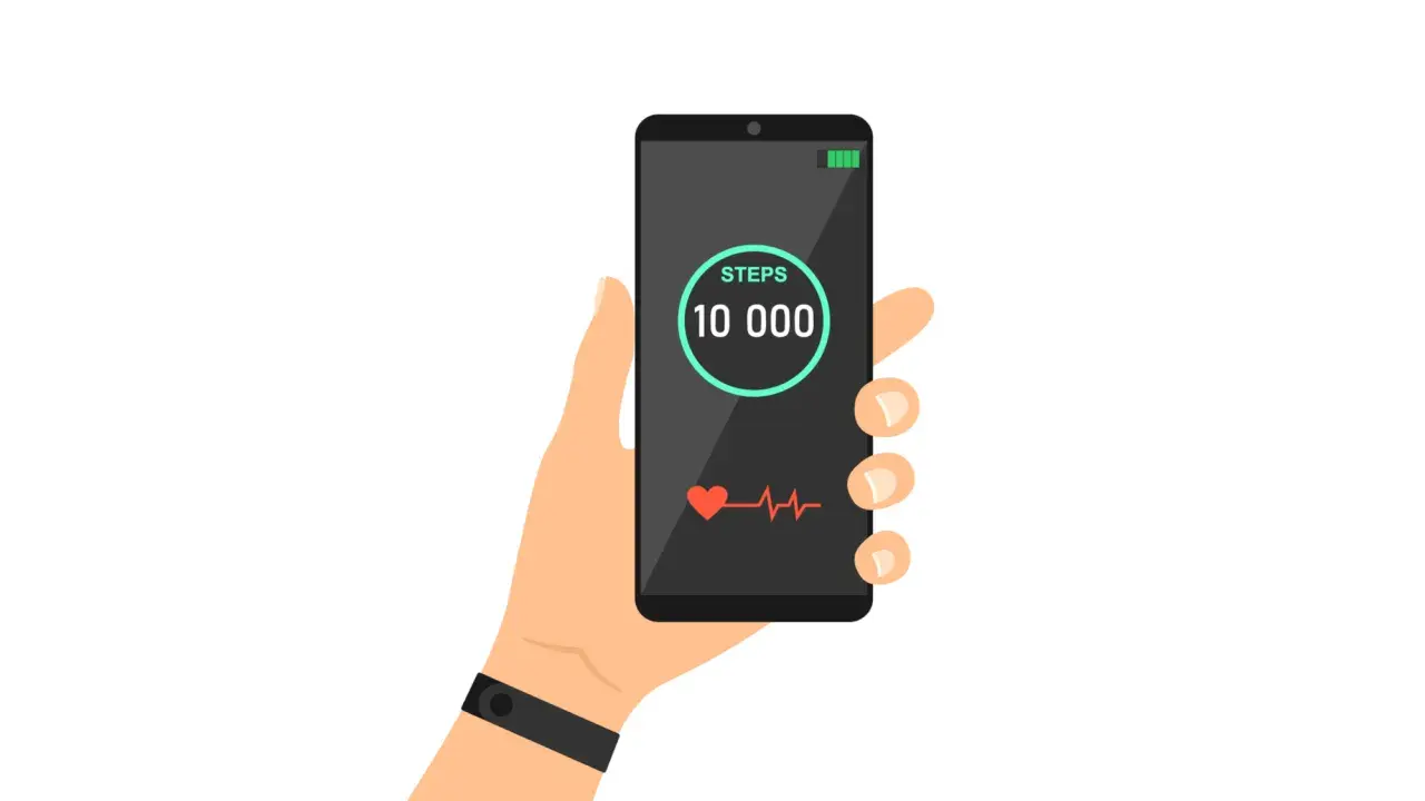 Hand hält Smartphone mit 10.000 Schritten und Herzfrequenz. Ein Fitness-Tracker am Handgelenk zeigt, wie viele Schritte am Tag erreicht wurden.
