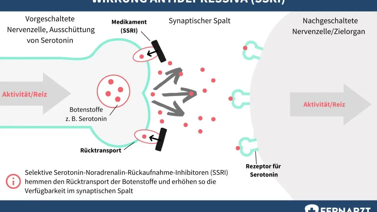 Schema der SSRI-Wirkung: Medikamente hemmen Serotonin-Rücktransport, erhöhen Verfügbarkeit im synaptischen Spalt. Eine Liste von Psychopharmaka könnte dies veranschaulichen.