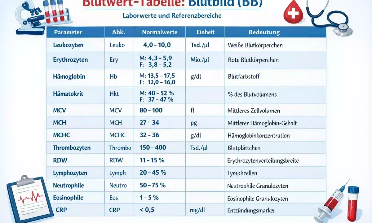 Blutbild-Tabelle mit Parametern wie Leukozyten, Erythrozyten (rote Blutkörperchen) und deren Normalwerte.