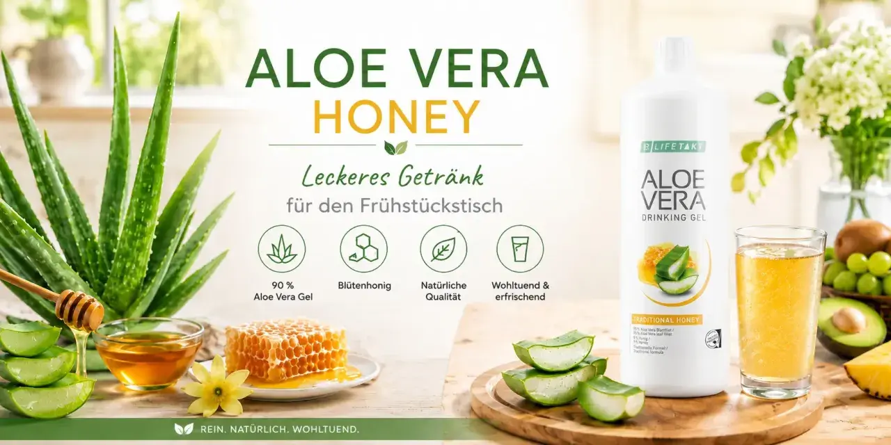 Frisches Aloe Vera mit Honig, ein wohltuendes Getränk für den Frühstückstisch.