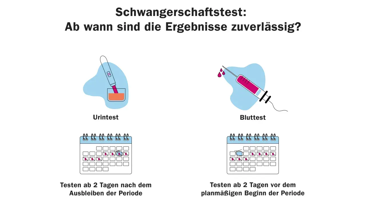Wann Schwangerschaftstest? Urintest ab 2 Tage nach Ausbleiben der Periode, Bluttest ab 2 Tage vor dem geplanten Beginn.