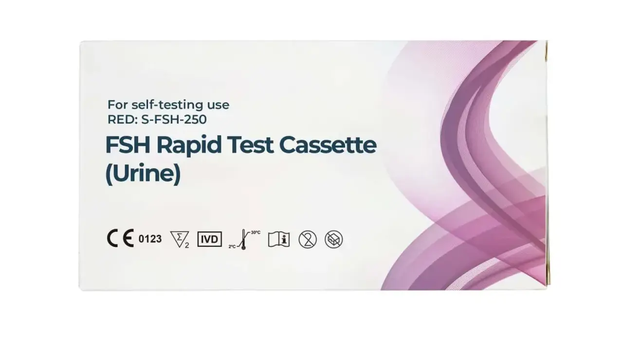 FSH Schnelltest-Kassette für Urin. Ein Selbsttest, der bei der Erkennung von Wechseljahre-Anzeichen helfen kann.
