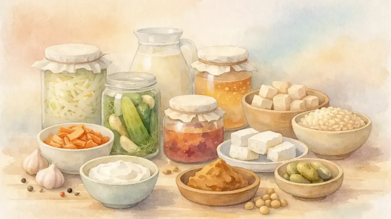 Vielfalt an fermentierten Lebensmitteln: Sauerkraut, eingelegte Gurken, Karotten, Miso, Joghurt, Tofu und mehr.