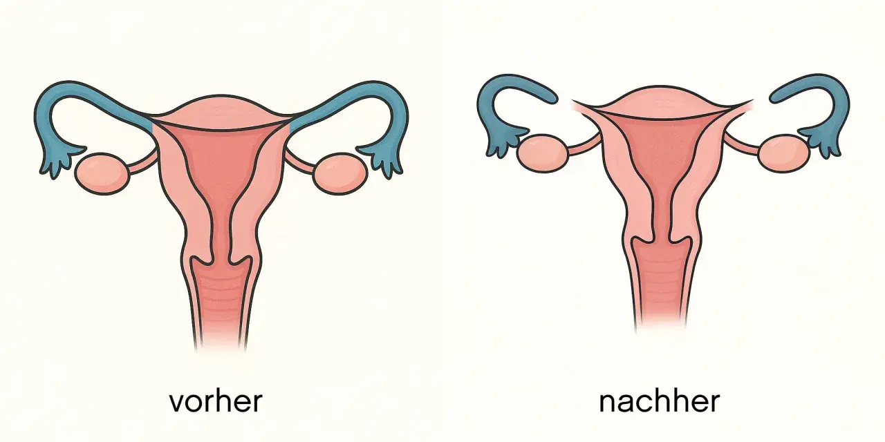 Vergleich: Gebärmutter mit durchgängigen Eileitern (vorher) und nach Sterilisation Frau (nachher), wo die Eileiter unterbrochen sind.