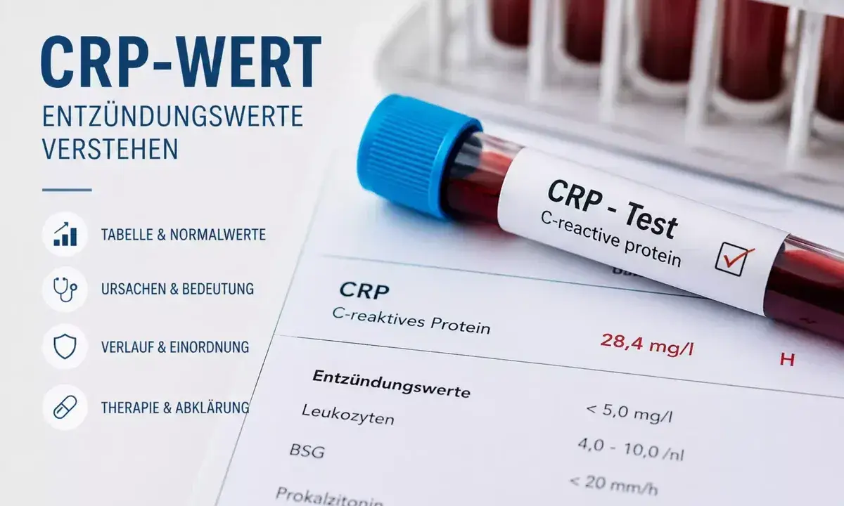 Blutprobe für CRP-Test, zeigt Entzündungswerte wie Leukozyten und BSG. Der CRP-Wert ist 28,4 mg/l.