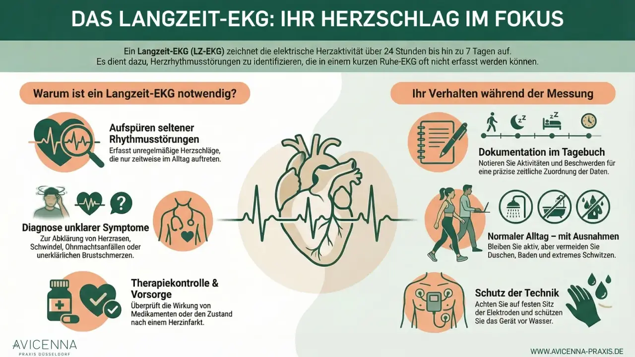 Das Langzeit-EKG hilft, Herzrhythmusstörungen zu erkennen, die im Alltag auftreten. Es dokumentiert den Herzschlag über Tage.