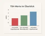 Balkendiagramm zeigt TSH-Werte im Überblick für Frauen: <0,4 (Hyperthyreose), 0,4-4,0 (Normalbereich), >4,0 (Hypothyreose).