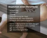 Anzeichen einer Thrombose: Schwellung, Schmerzen, Rötung, Überwärmung, Verfärbung, Schweregefühl. Ein Thrombose Selbsttest kann hier erste Hinweise geben.