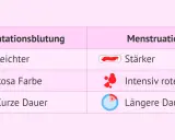 Vergleich: Einistungsblutung vs. Menstruation. Wann tritt sie auf? Leichter, rosa, kurz vs. stärker, rot, länger.