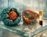 Modell einer Zelle und eines Virus, daneben ein Blutröhrchen. Dies könnte auf einen erhöhten Ferritinwert hinweisen, der auf Eisenüberladung oder Entzündungen hindeutet.