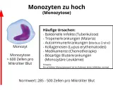 Erhöhte Monozyten (Monozytose) können auf Infektionen, Autoimmunerkrankungen oder bösartige Blutkrankheiten hinweisen. Der Normwert liegt bei 285-500 Zellen/µl.