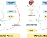 Schema zeigt die Hormonregulation bei gesunden Personen und bei Morbus Addison. Bei Morbus Addison ist die Cortisolproduktion erniedrigt.