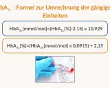 Formeln zur Umrechnung des HbA1c IFCC Werts in gängige Einheiten. Ein Laborformular mit einem Blutröhrchen ist zu sehen.