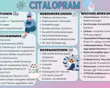 Infografik zu Citalopram: Indikationen, Wirkmechanismus, Nebenwirkungen, Gegenanzeigen und Wechselwirkungen. Wenn citalopram wirkt nicht mehr, sind Wechselwirkungen zu prüfen.