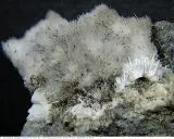 Feine, nadelartige Kristalle von Mesolith, einem Zeolith, wachsen aus einem grauen Gestein. Die Zeolith Wirkung ist faszinierend.