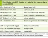 Tabelle zeigt CKD-Stadien nach KDIGO, basierend auf GFR-Werten (Nierenwerte Blut) und Albuminurie.