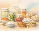Vielfalt an fermentierten Lebensmitteln: Sauerkraut, eingelegte Gurken, Karotten, Miso, Joghurt, Tofu und mehr.
