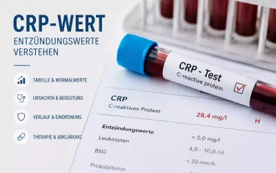 Blutprobe für CRP-Test, zeigt Entzündungswerte wie Leukozyten und BSG. Der CRP-Wert ist 28,4 mg/l.