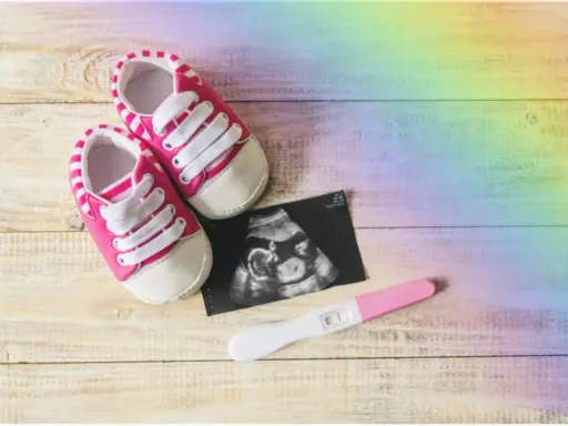 Ein positiver Schwangerschaftstest, ein Ultraschallbild und Babyschuhe. Ein Zeichen der Hoffnung nach einer Fehlgeburt, wieder schwanger.
