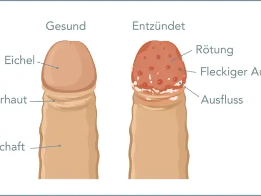 Vergleich von gesunder Eichel und entzündeter Eichel mit roten Punkten, Rötung, fleckigem Ausschlag und Ausfluss.
