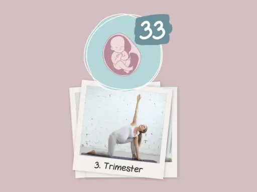 Schwangerschaftswoche 33: Eine schwangere Frau in Yoga-Pose im 3. Trimester.