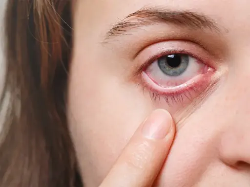 Ein blasses Unterlid und gerötete Augen können Anzeichen von Blutarmut im Alter sein.