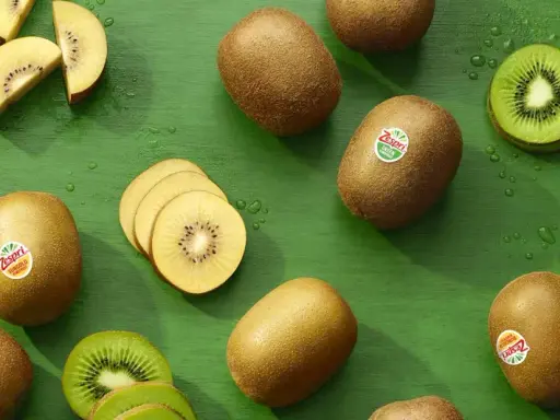 Gold- und grüne Kiwis, ganz und geschnitten, auf grünem Hintergrund. Ein Löffel mit Kiwi-Fruchtfleisch. Kiwi gesund und lecker.