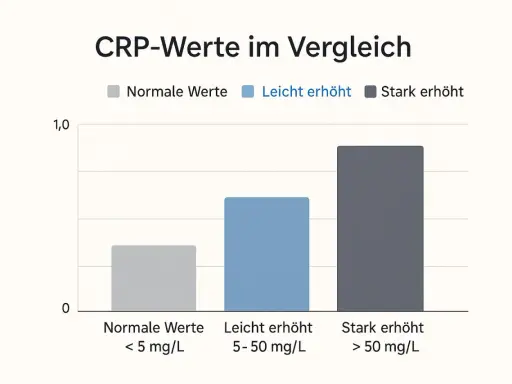Balkendiagramm zeigt CRP-Werte im Vergleich für Erwachsene: normale Werte (< 5 mg/L), leicht erhöht (5-50 mg/L) und stark erhöht (> 50 mg/L).