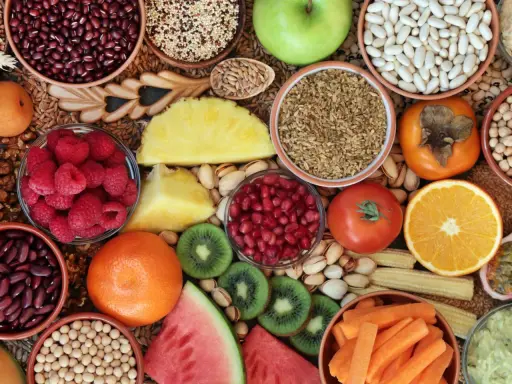 Vielfalt an ballaststoffreichen Lebensmitteln: Bohnen, Quinoa, Beeren, Obst, Gemüse und Nüsse für eine gesunde Ernährung.