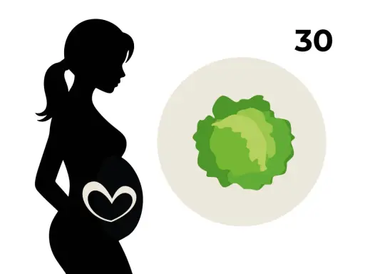 Silhouette einer schwangeren Frau mit einem Herzsymbol auf dem Bauch. Daneben ein Kohlkopf und die Zahl 30, die 30 ssw symbolisiert.