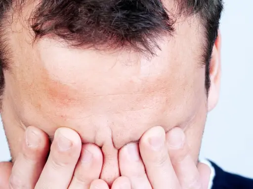 Mann mit Händen vor dem Gesicht, Stirn gerunzelt, als ob er den **exitus letalis** fürchtet.