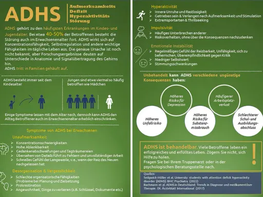 Infografik über ADHS: Symptome, Folgen und Behandlung. Ein ADHS-Test kann helfen, die Störung zu erkennen.
