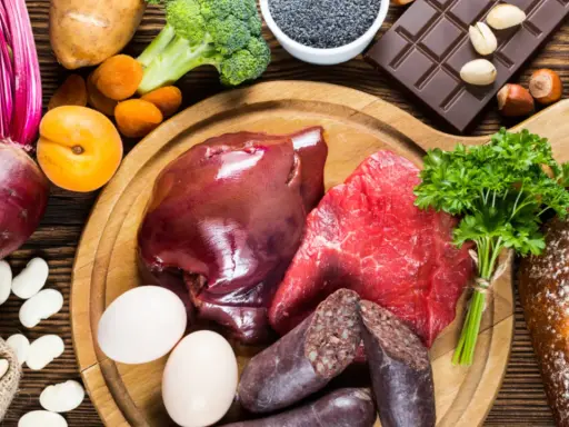 Eine Auswahl an eisenhaltigen Lebensmitteln: Rindfleisch, Leber, Blutwurst, Eier, Linsen, Rote Bete, Spinat, Brokkoli, Aprikosen, Schokolade und Vollkornbrot.