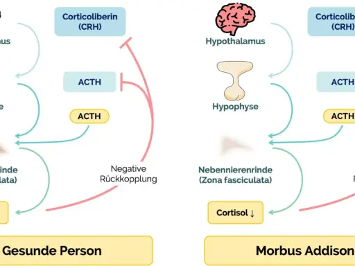 Schema zeigt die Hormonregulation bei gesunden Personen und bei Morbus Addison. Bei Morbus Addison ist die Cortisolproduktion erniedrigt.