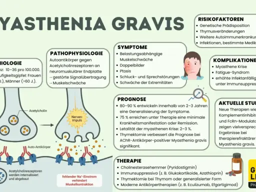 Myasthenia Gravis: Autoimmunerkrankung mit Muskelschwäche. Infektionen und bestimmte Medikamente sind Risikofaktoren. Therapieoptionen umfassen Immunsuppressiva.