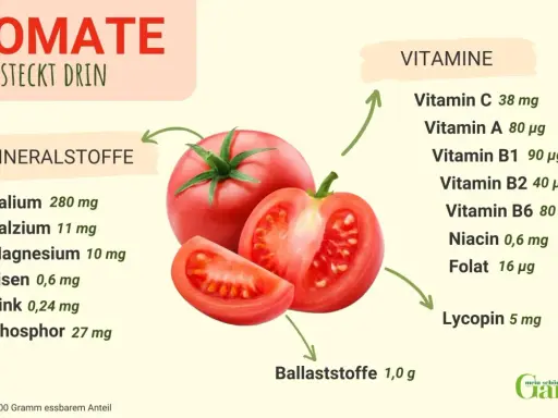 Tomaten sind gesund! Die Grafik zeigt, dass sie reich an Vitaminen wie C und A sowie Mineralstoffen wie Kalium sind.