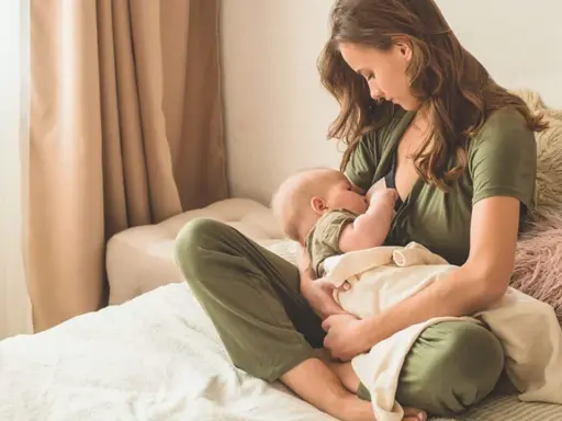 Eine Mutter stillt ihr Baby auf einem Bett. Sie ist in ein grünes Oberteil gekleidet, das Baby in einem grünen Strampler. Die Szene ist friedlich und intim, ein schöner Moment des Stillens.