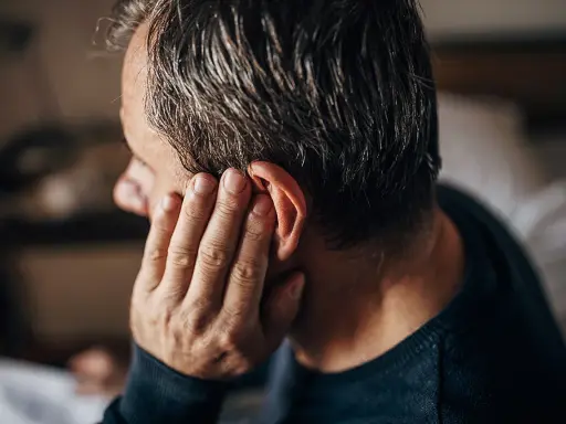 Mann hält sich die Hand ans Ohr, als ob er nicht wüsste, was er tun soll.