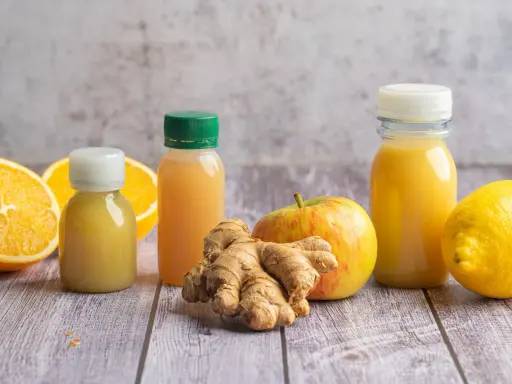 Frische Zutaten für einen belebenden Ingwer-Shot: Orangen, Zitrone, Apfel und Ingwerwurzel neben kleinen Flaschen mit gelbem Saft.