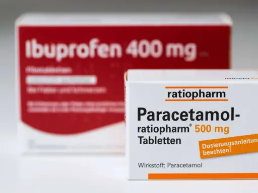 Zwei Medikamentenpackungen: Paracetamol 500 mg und Ibuprofen 400 mg. Die Wahl zwischen Paracetamol oder Ibuprofen hängt von der Art der Beschwerden ab.